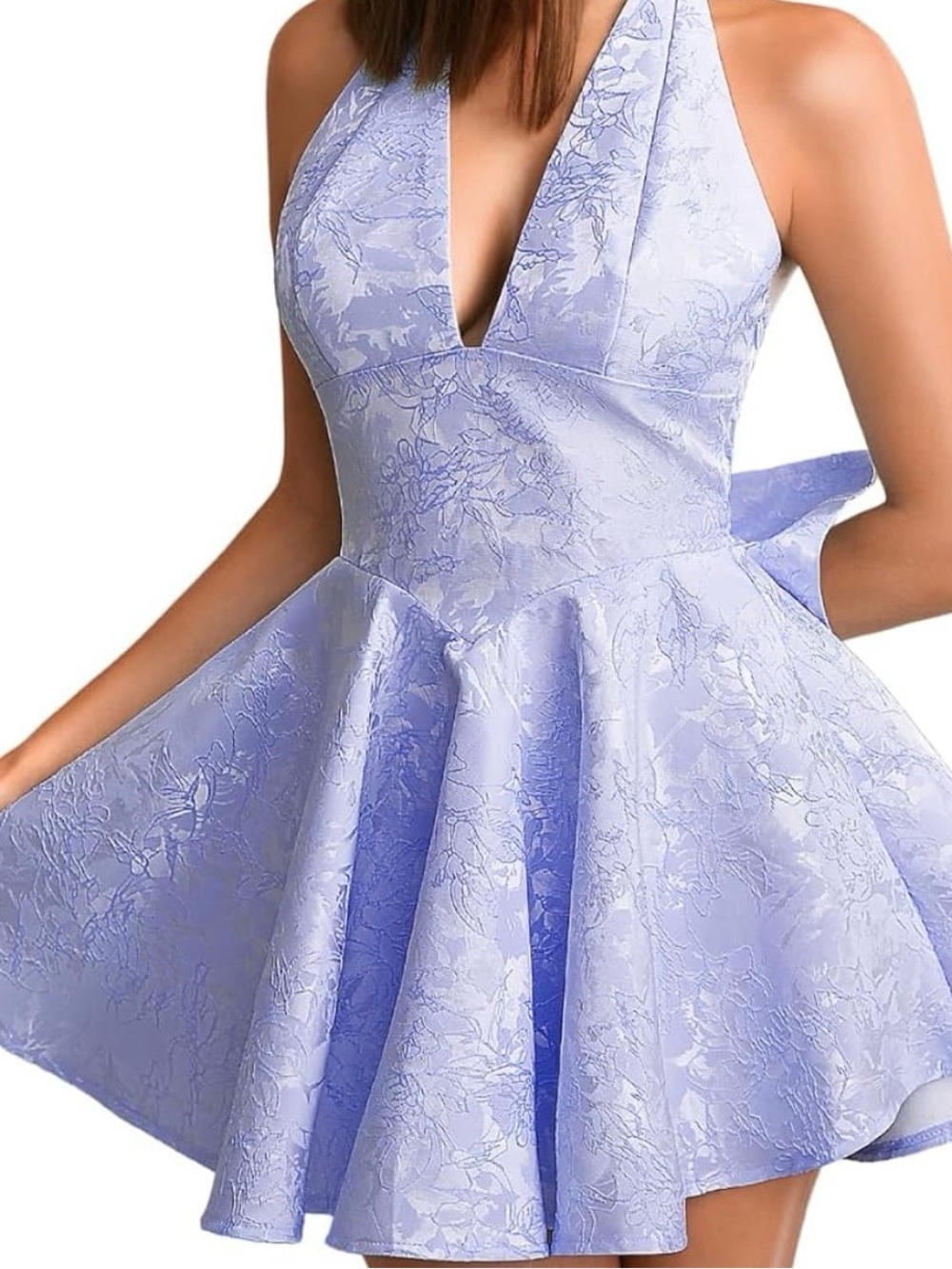 Light Purple Lace Up Coset Deep V Halter Mini Dress with Bow Back Size XL